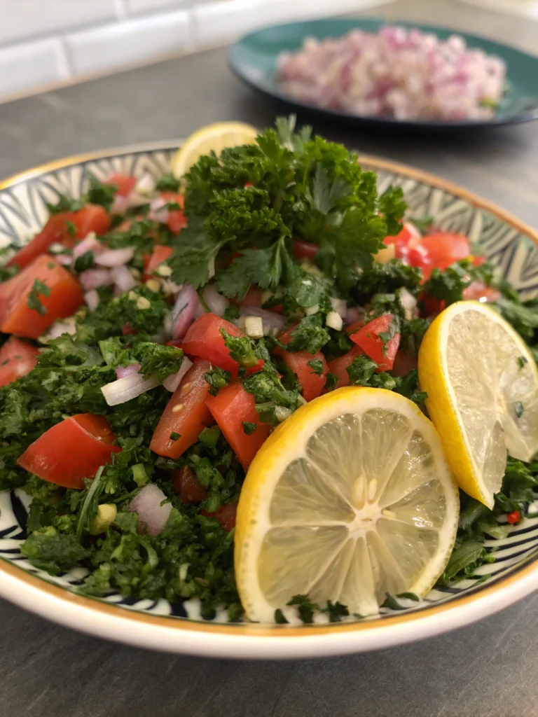 سلطة زعتر طازجة مع طماطم وبصل وزيتون مقدمة في طبق خشبي مع قطع من الخبز المغربي على الجانب